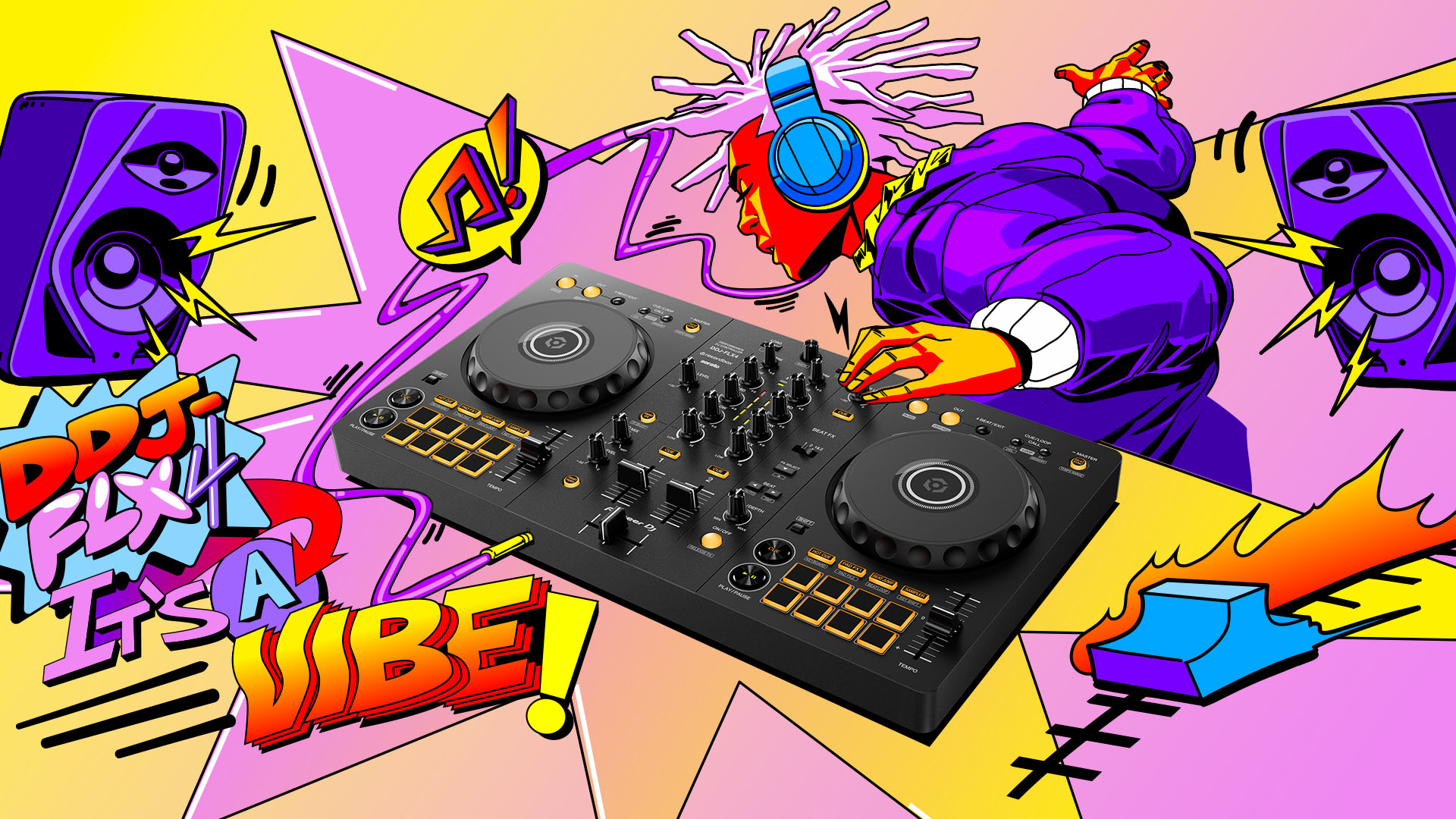 a brightly coloured illustration of a dj surrounded by dj equipment