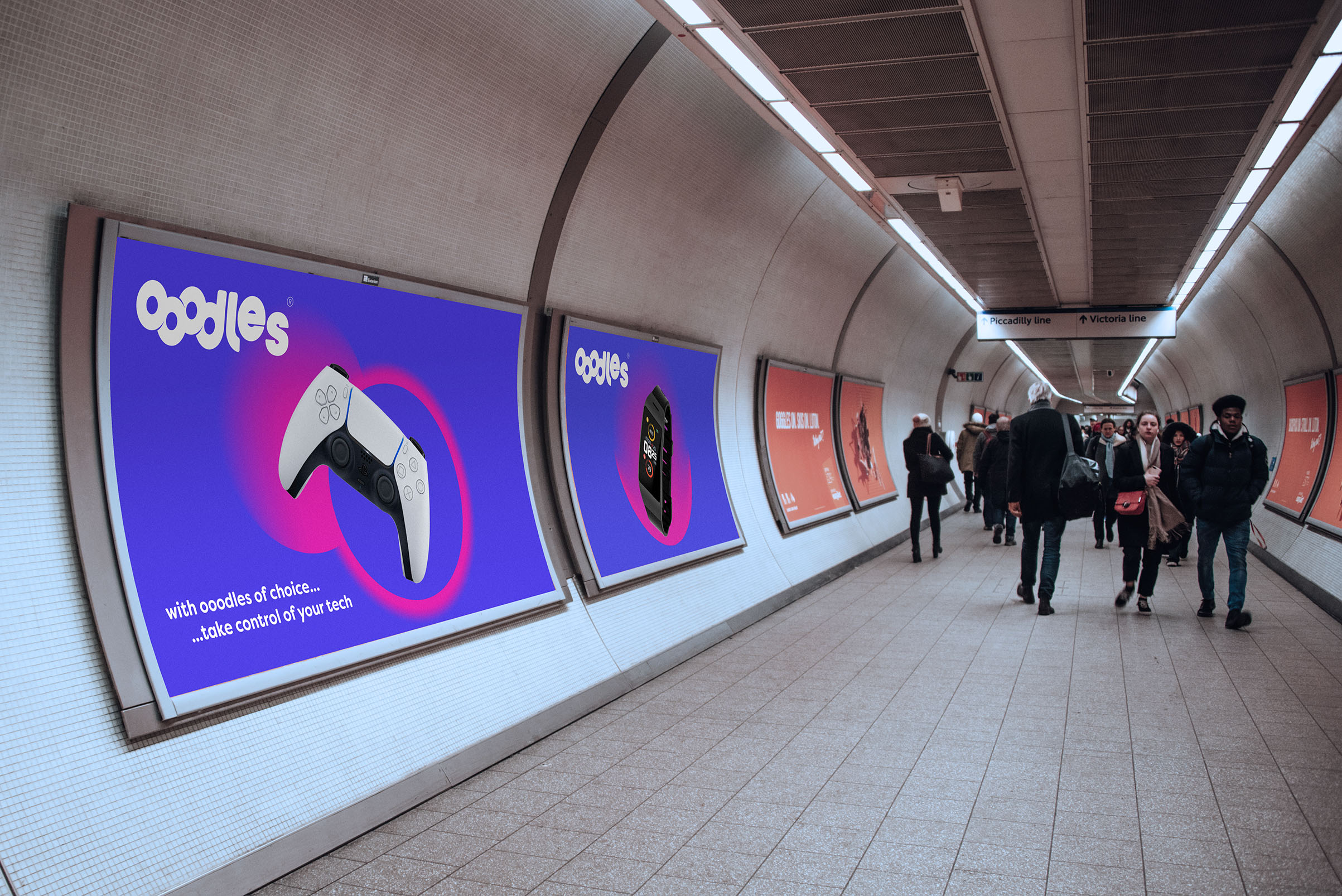 London Underground tunnel showing Ooodles advertising on the walls