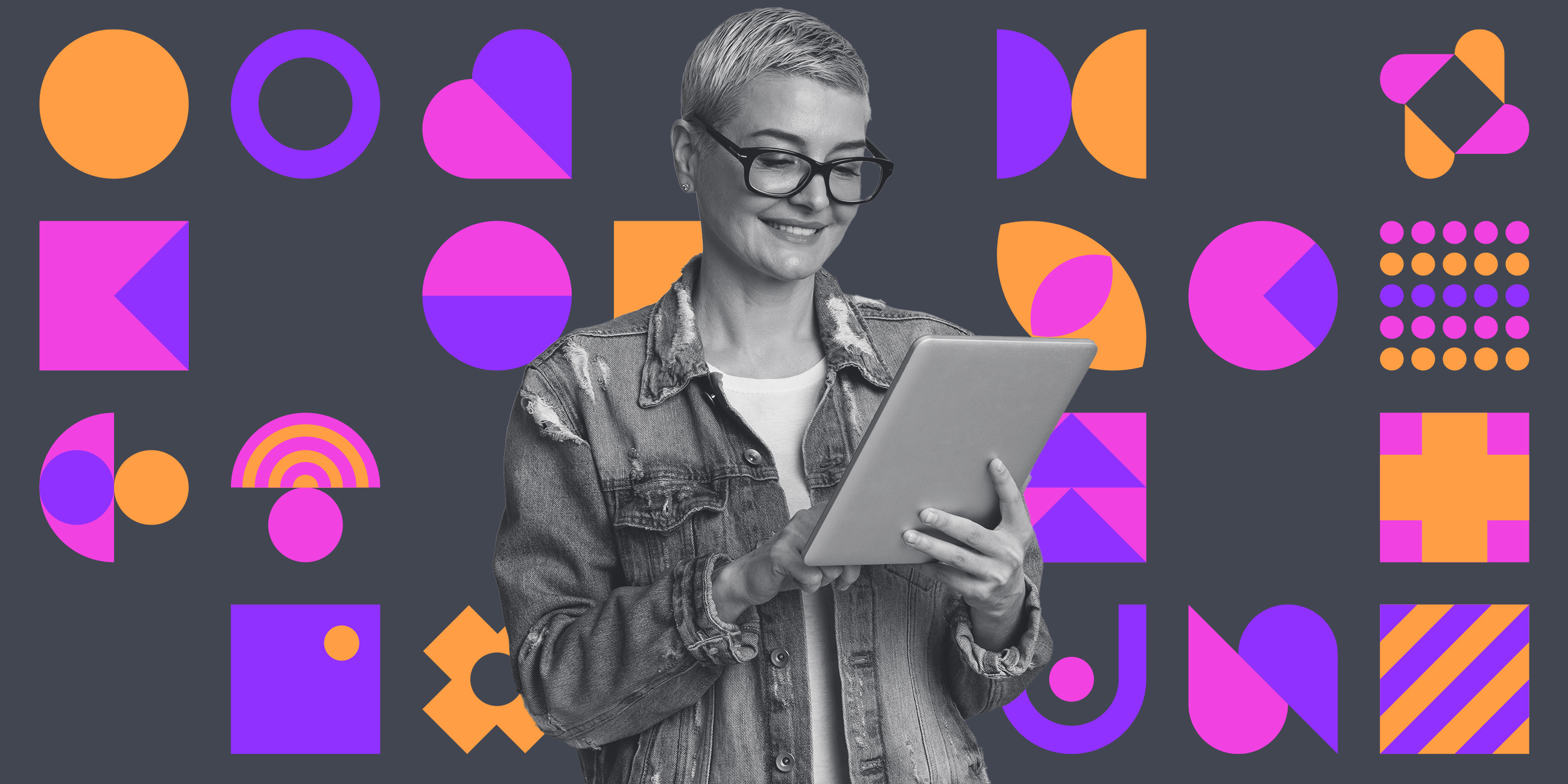 Greyscale image of a woman using a tablet, with HR Biscuit branding and icons behind